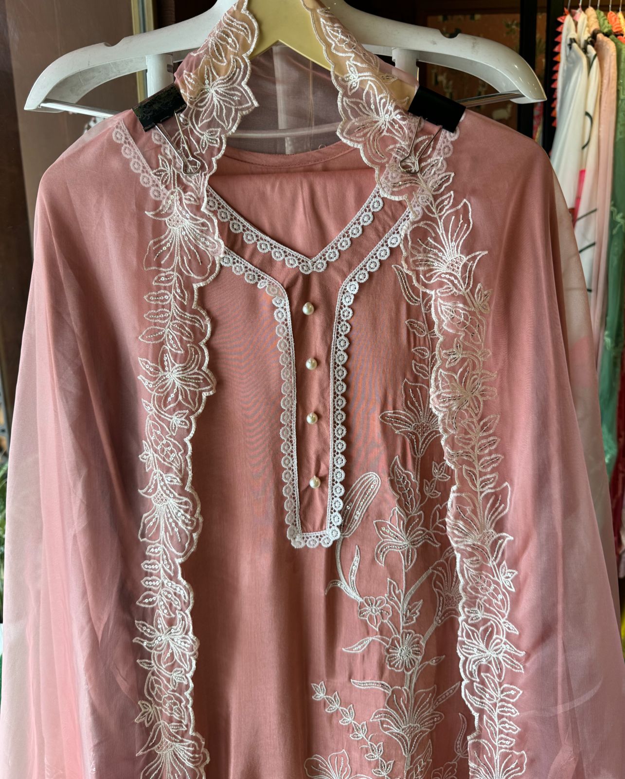 Soft cotton muslin shirt with thread and sequence embroidery detailing on the shirt front