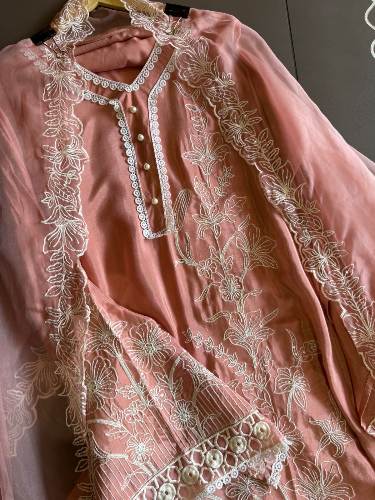 Soft cotton muslin shirt with thread and sequence embroidery detailing on the shirt front