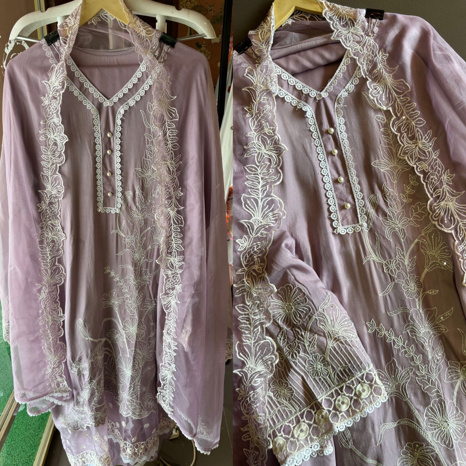 Soft cotton muslin shirt with thread and sequence embroidery detailing on the shirt front