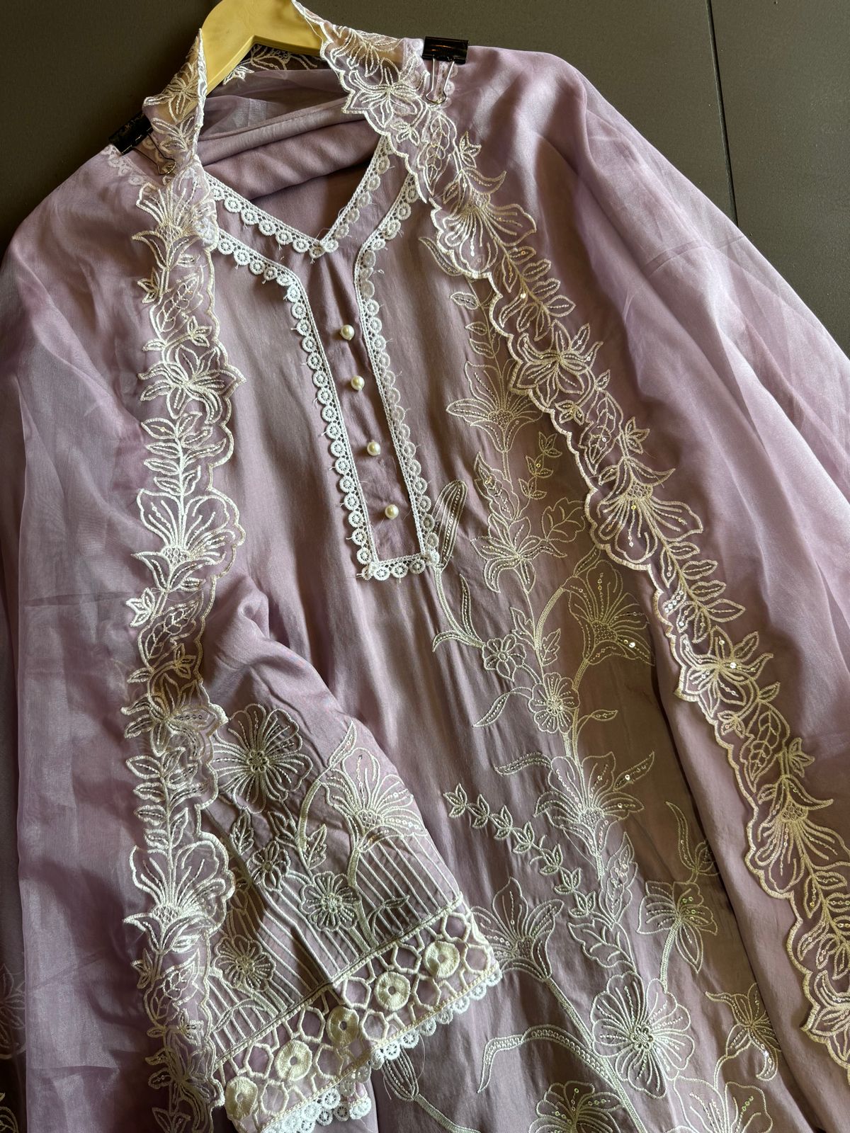 Soft cotton muslin shirt with thread and sequence embroidery detailing on the shirt front