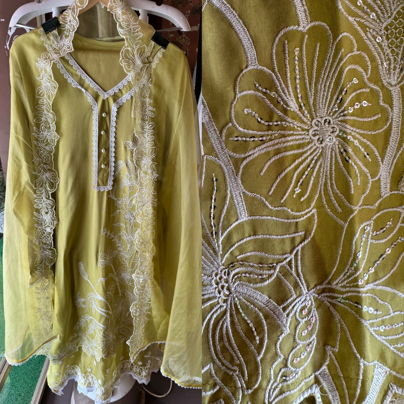 Soft cotton muslin shirt with thread and sequence embroidery detailing on the shirt front