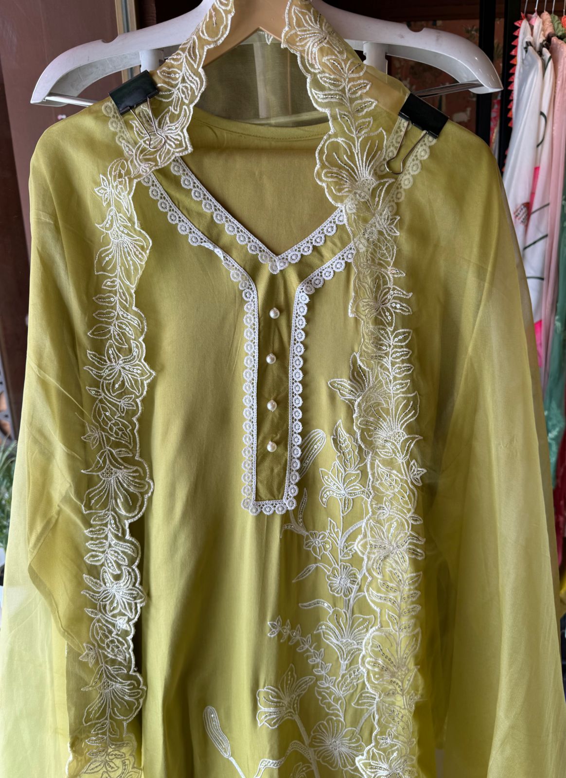 Soft cotton muslin shirt with thread and sequence embroidery detailing on the shirt front