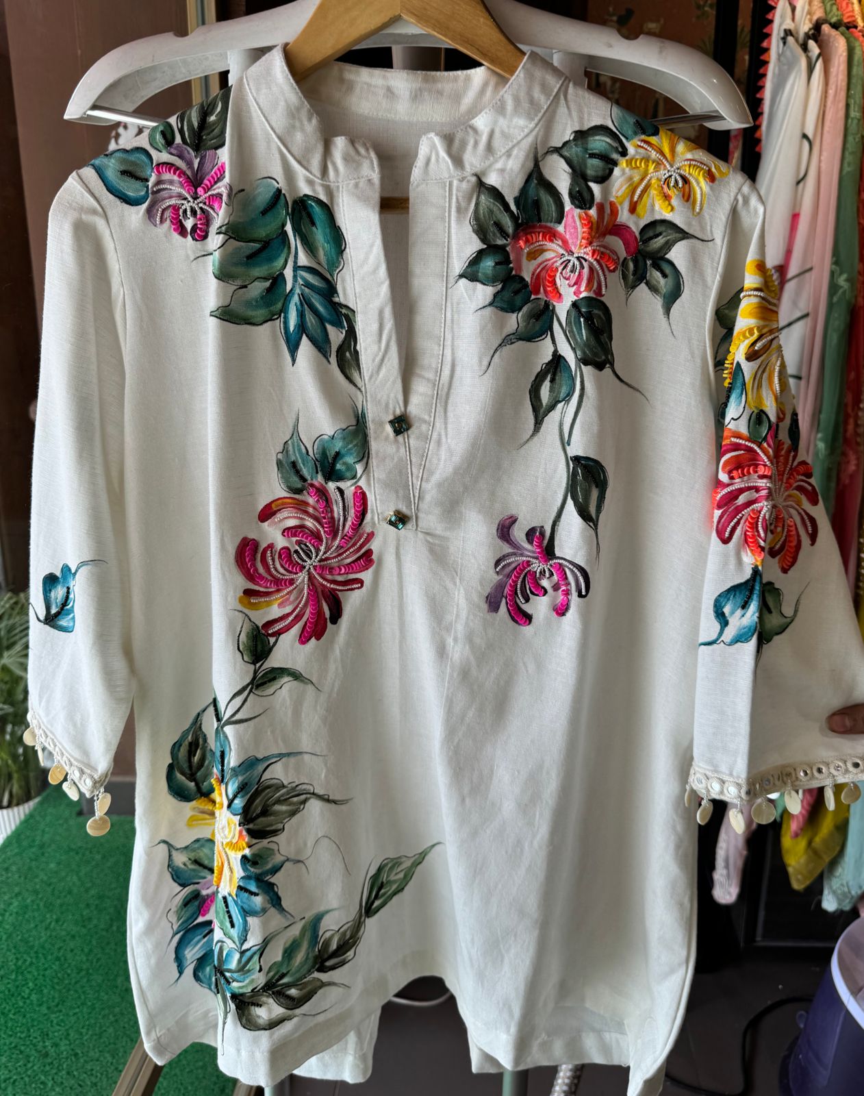 Pure linen cotton COORD set handpainted , With Smart button detailings and Handcrafted With Handembroidery