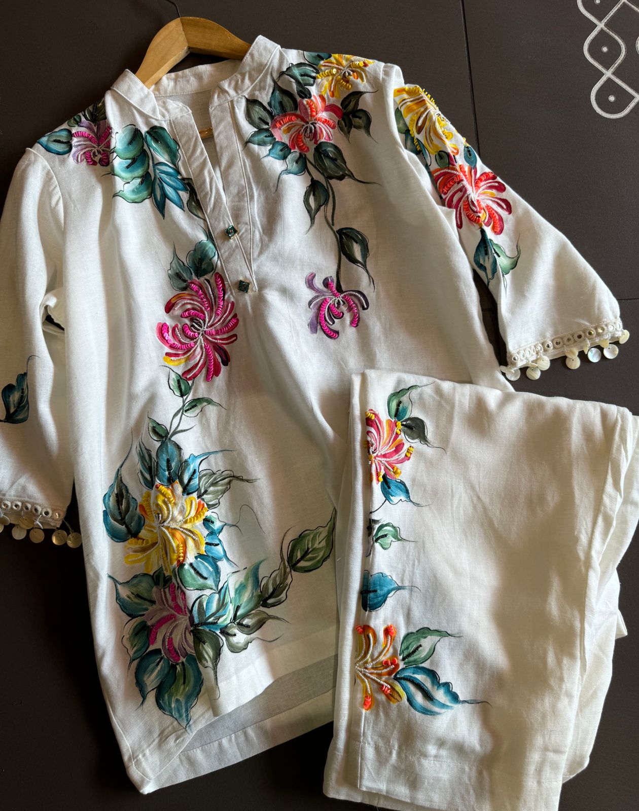 Pure linen cotton COORD set handpainted , With Smart button detailings and Handcrafted With Handembroidery