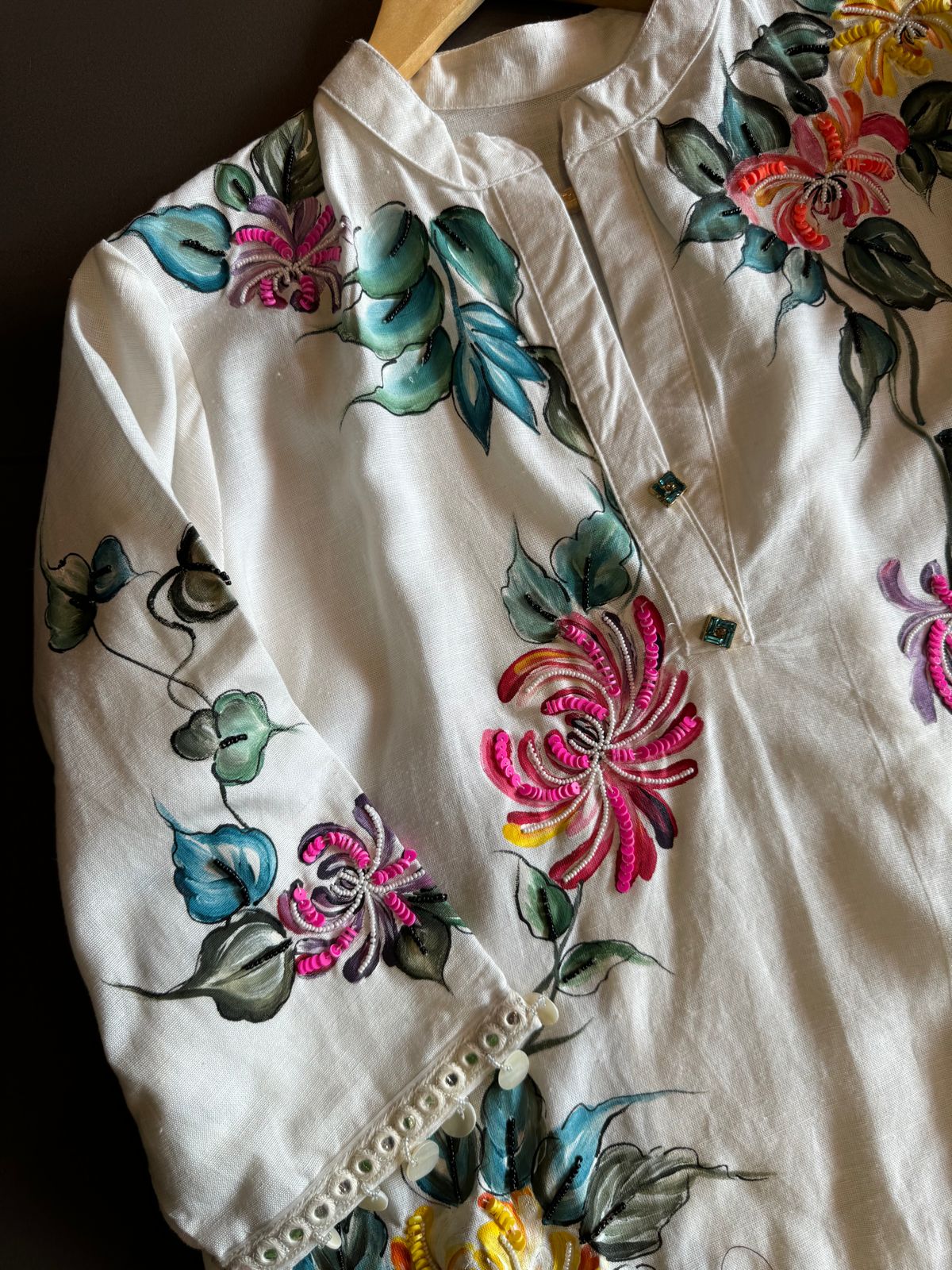 Pure linen cotton COORD set handpainted , With Smart button detailings and Handcrafted With Handembroidery