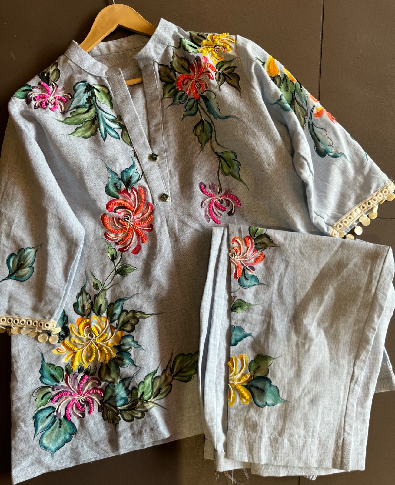 Pure linen cotton COORD set handpainted , With Smart button detailings and Handcrafted With Handembroidery