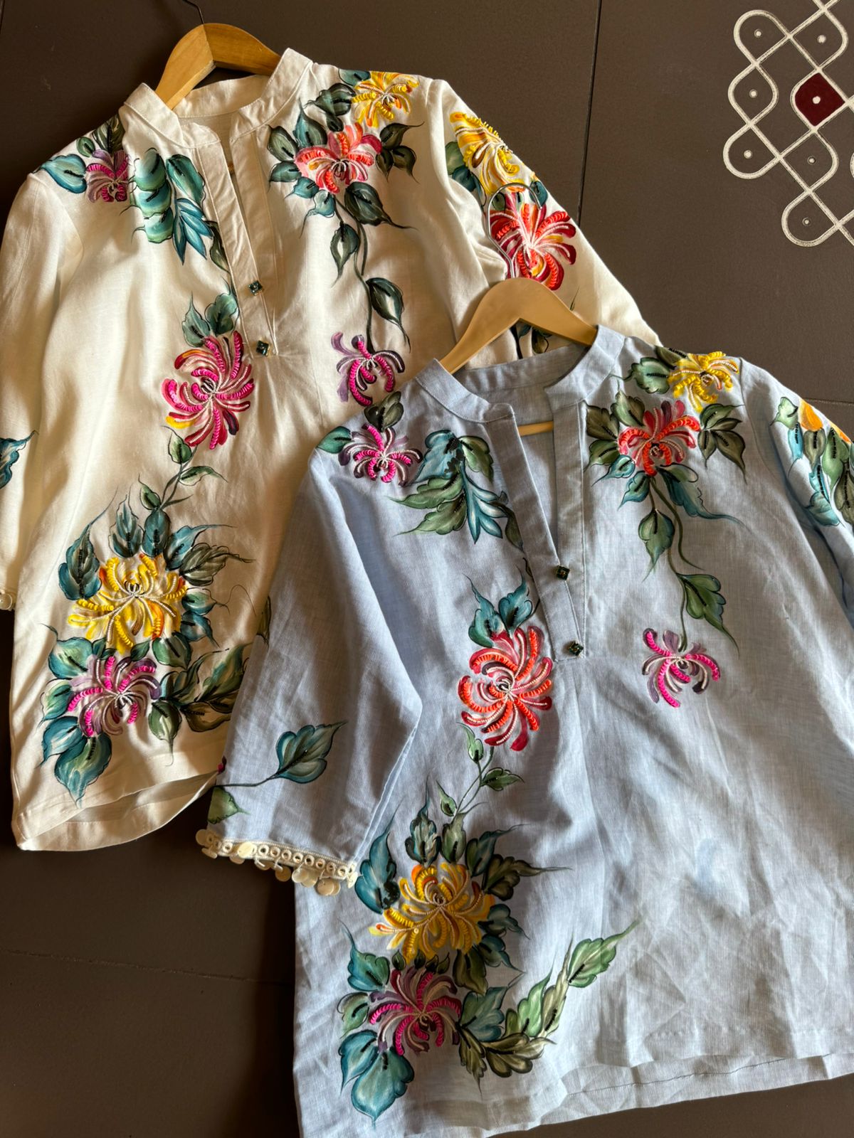 Pure linen cotton COORD set handpainted , With Smart button detailings and Handcrafted With Handembroidery