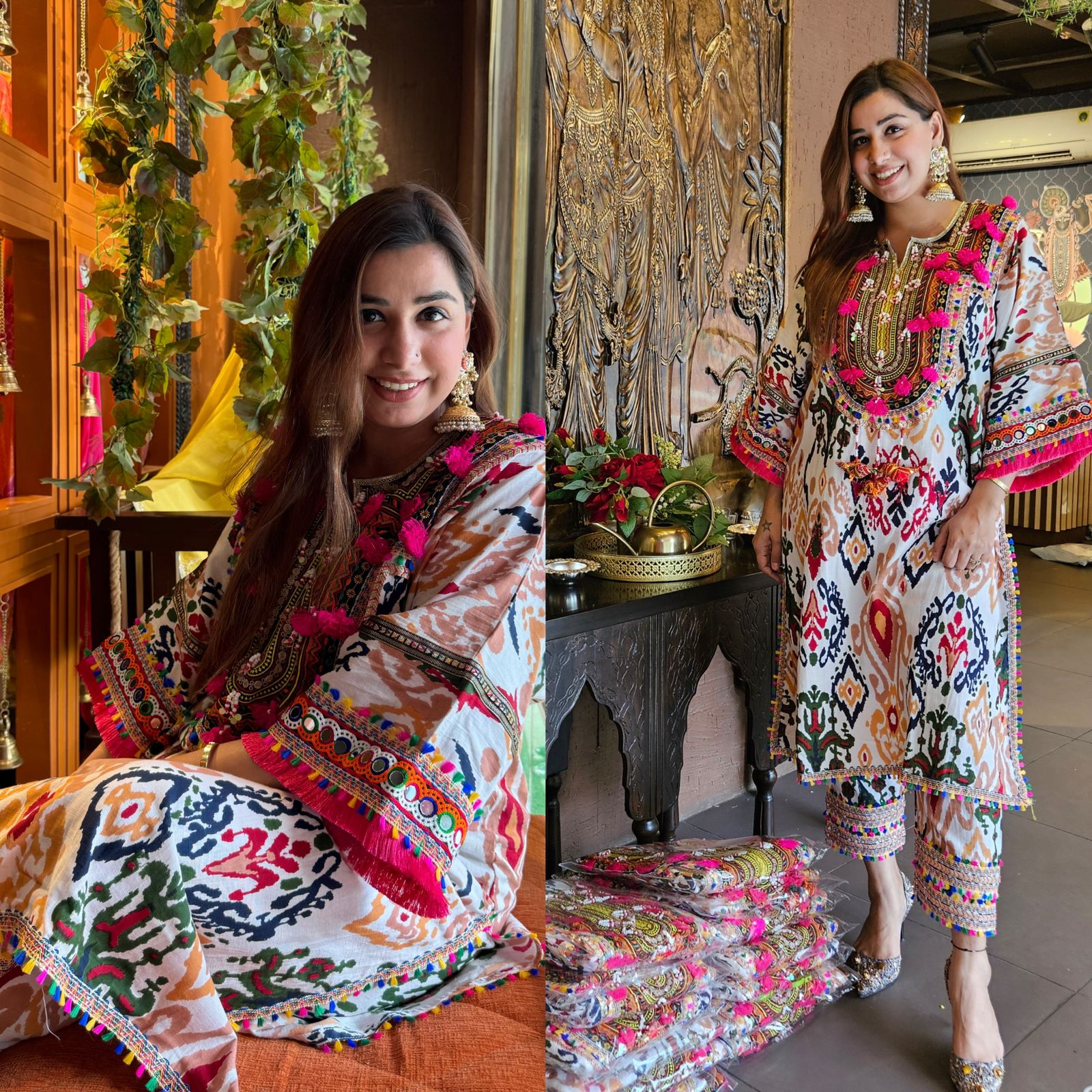 Cotton linen Ikkat printed kurta with Colourful thread work patch on the neck front and back as well