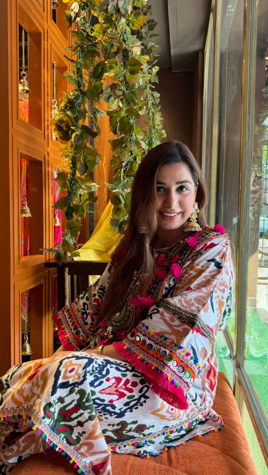 Cotton linen Ikkat printed kurta with Colourful thread work patch on the neck front and back as well