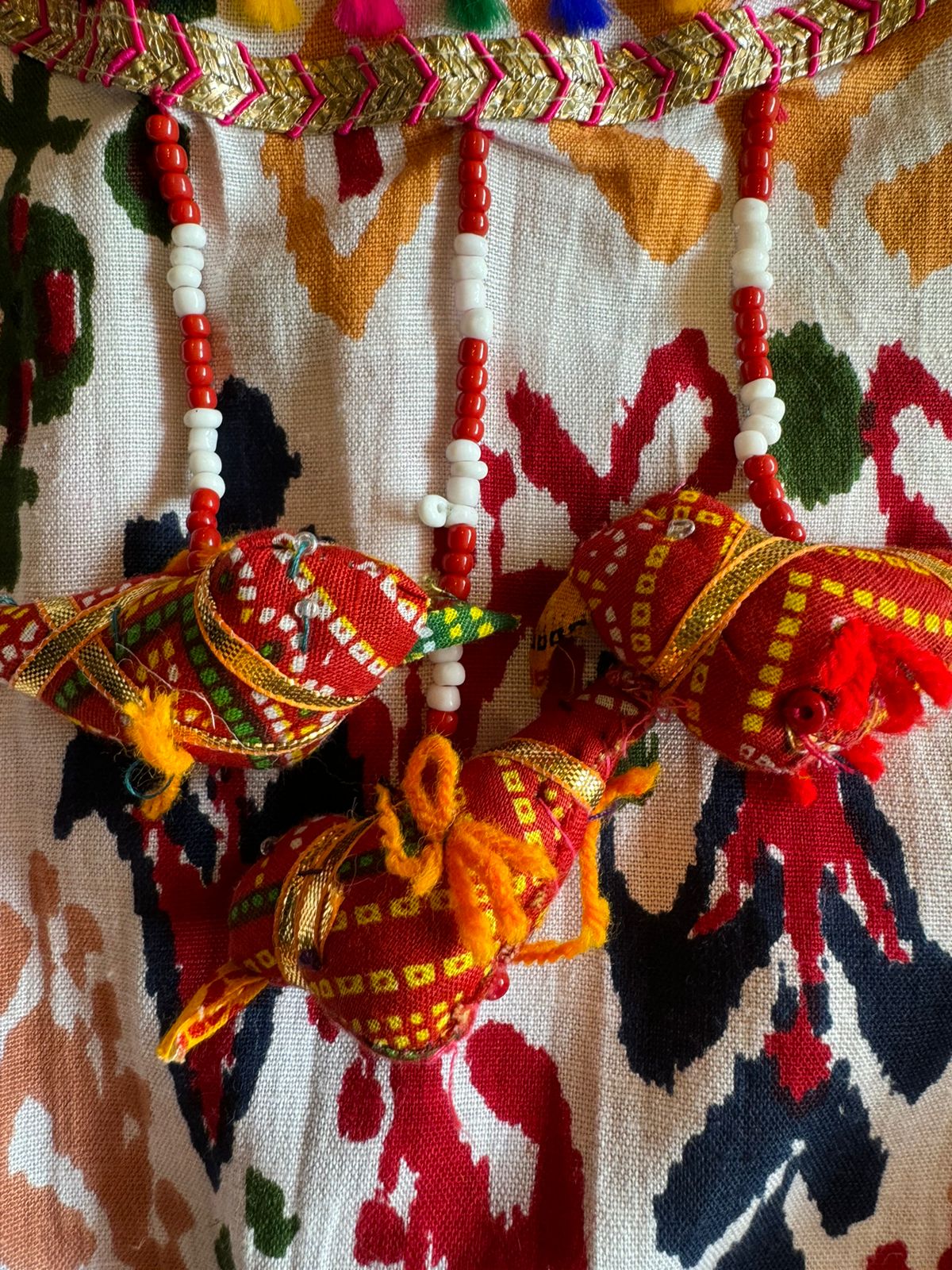 Cotton linen Ikkat printed kurta with Colourful thread work patch on the neck front and back as well