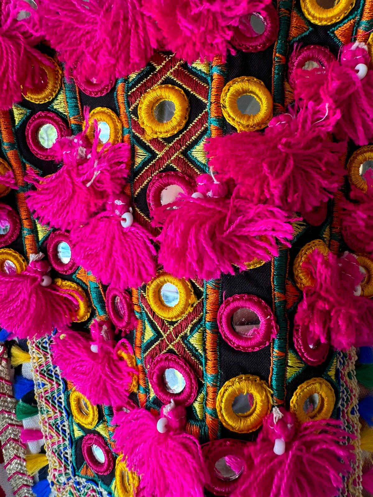 Cotton linen Ikkat printed kurta with Colourful thread work patch on the neck front and back as well