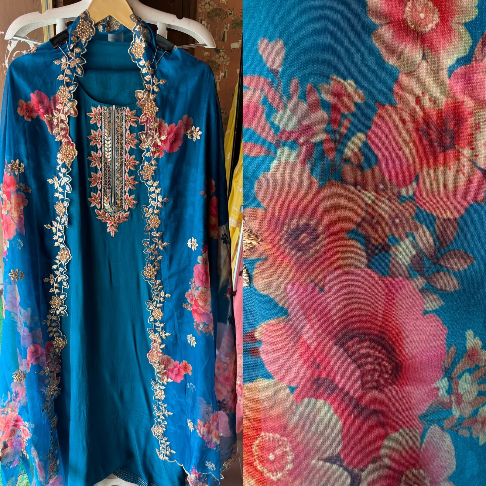 Pure crepe Shirt (Unstitched and full in size) with beautiful Neckwork done