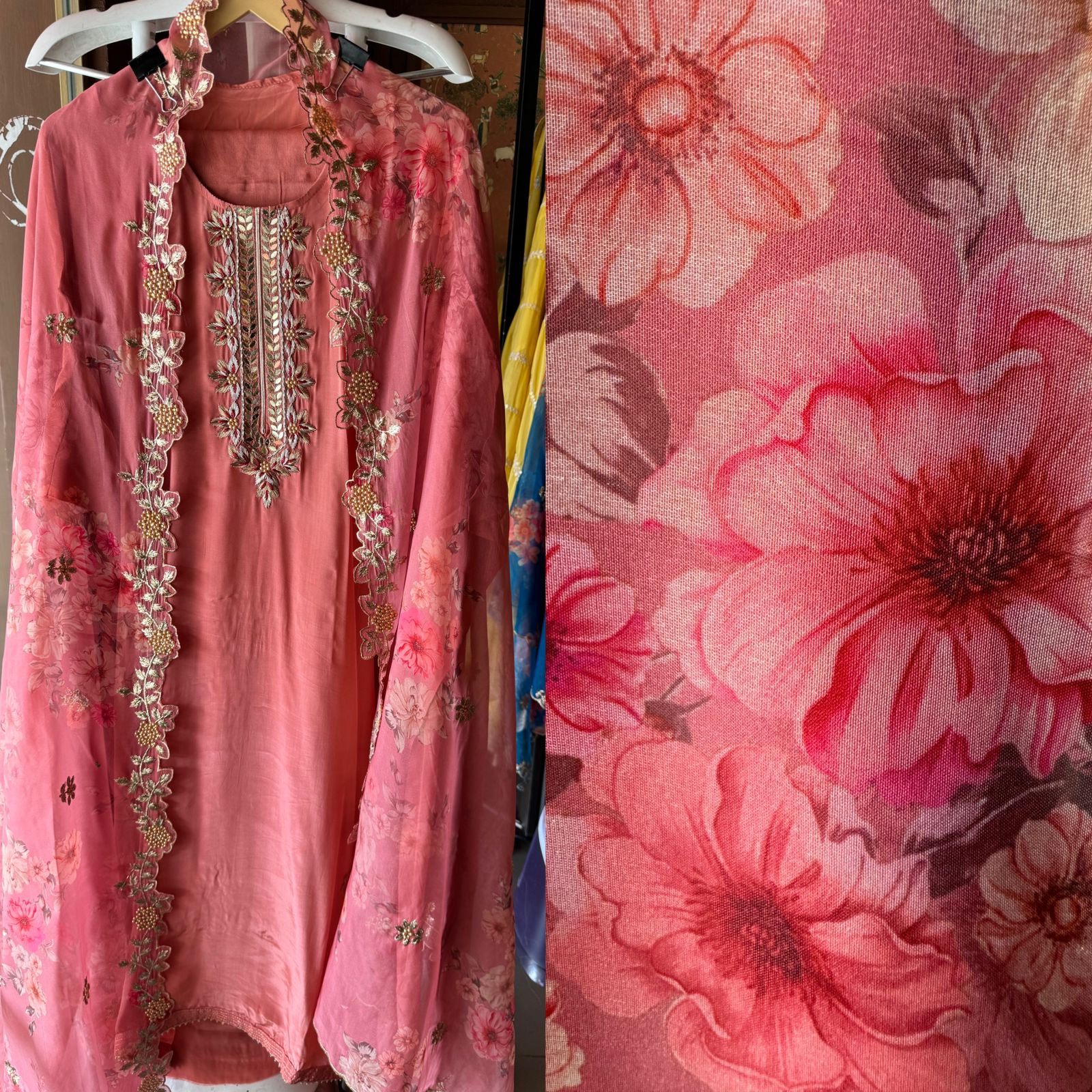 Pure crepe Shirt (Unstitched and full in size) with beautiful Neckwork done