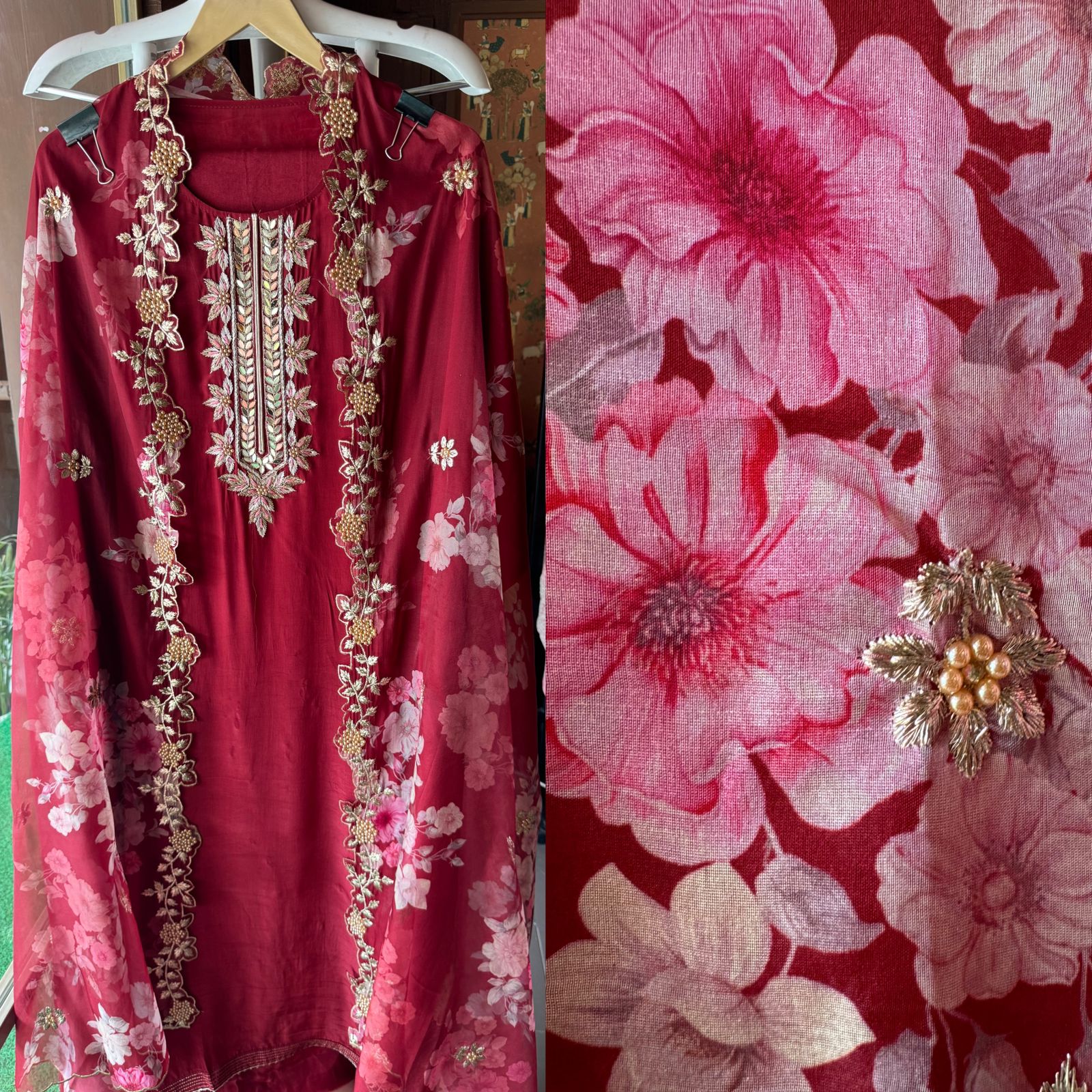 Pure crepe Shirt (Unstitched and full in size) with beautiful Neckwork done