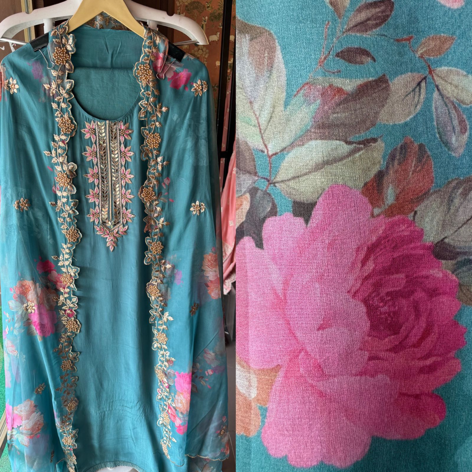 Pure crepe Shirt (Unstitched and full in size) with beautiful Neckwork done