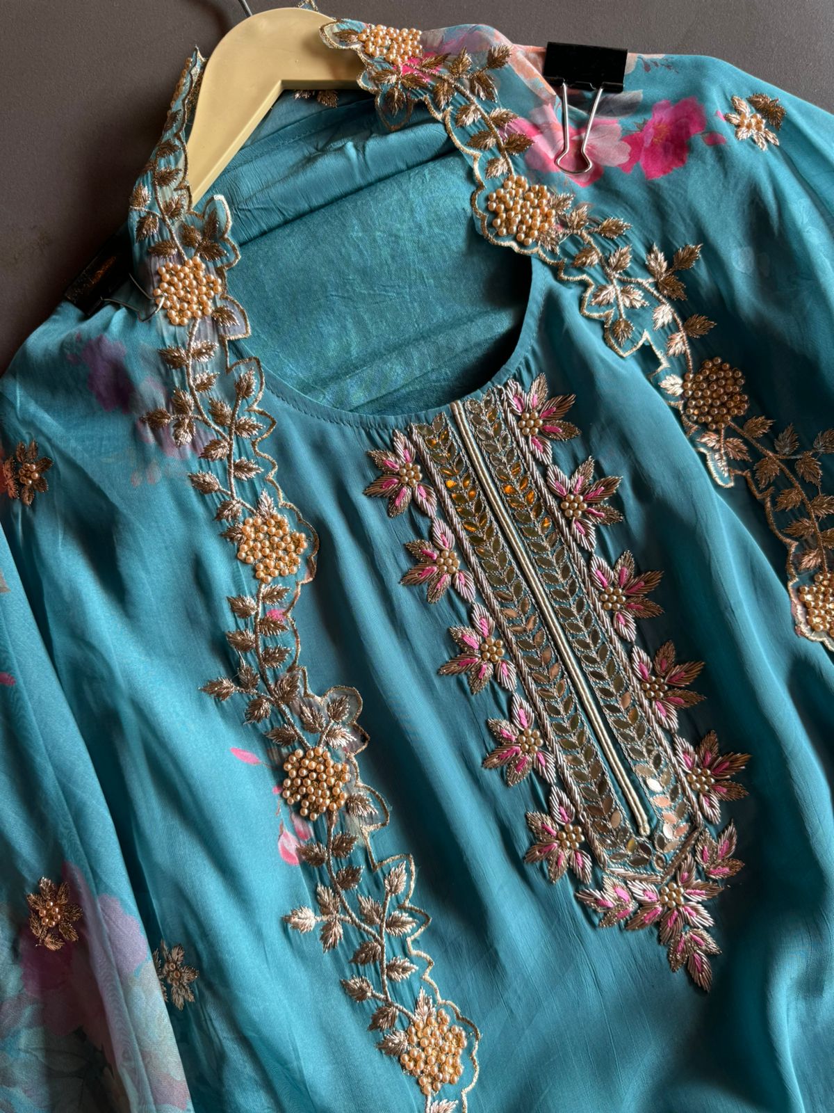 Pure crepe Shirt (Unstitched and full in size) with beautiful Neckwork done