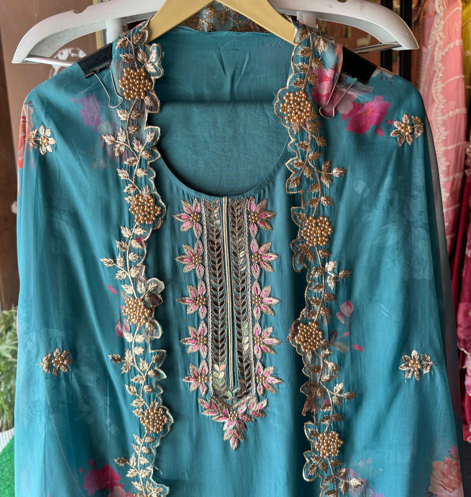 Pure crepe Shirt (Unstitched and full in size) with beautiful Neckwork done