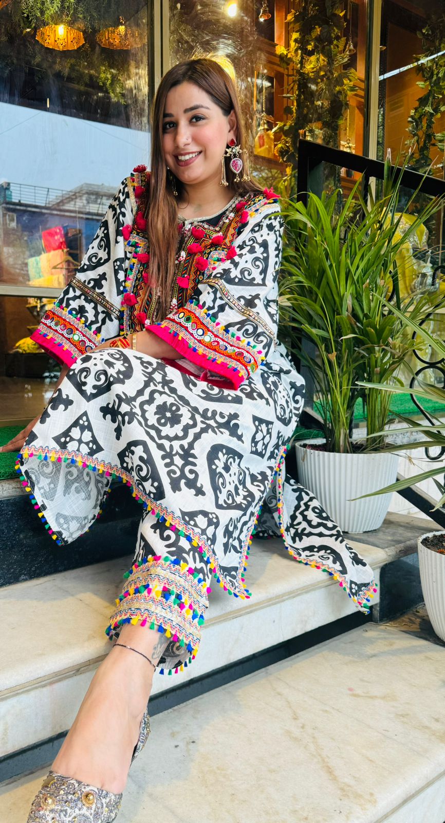 Cotton linen Ikkat printed kurta with Colourful thread work patch on the neck front and back as wel