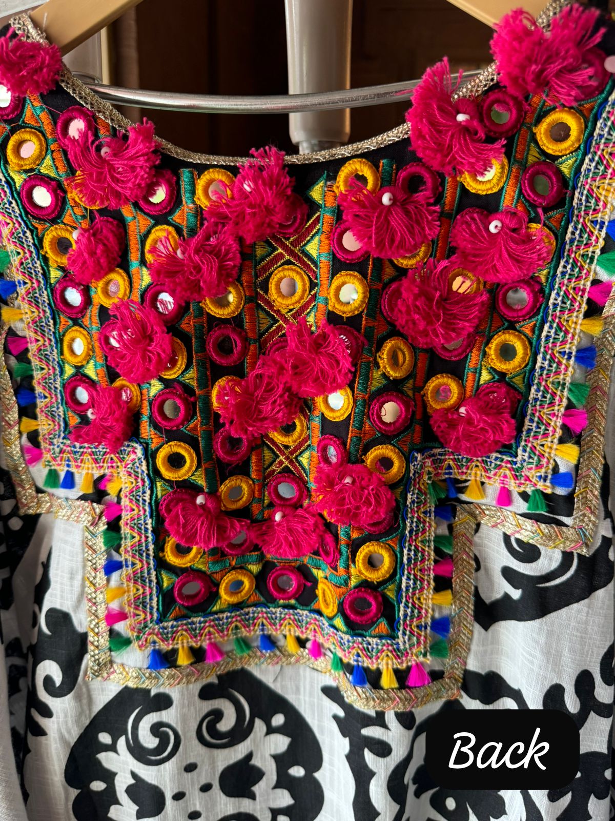 Cotton linen Ikkat printed kurta with Colourful thread work patch on the neck front and back as wel