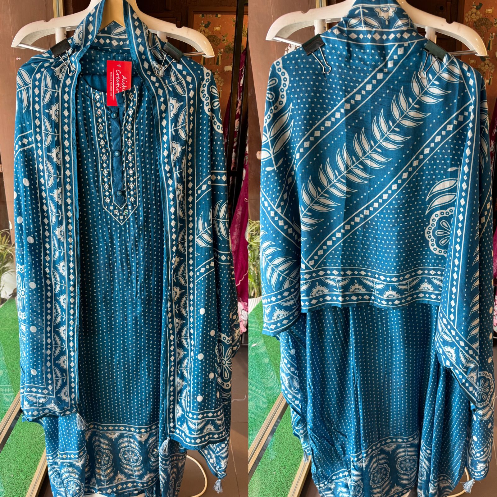 Pure Muslin digital printed suit with handwork highlighting on the neckline