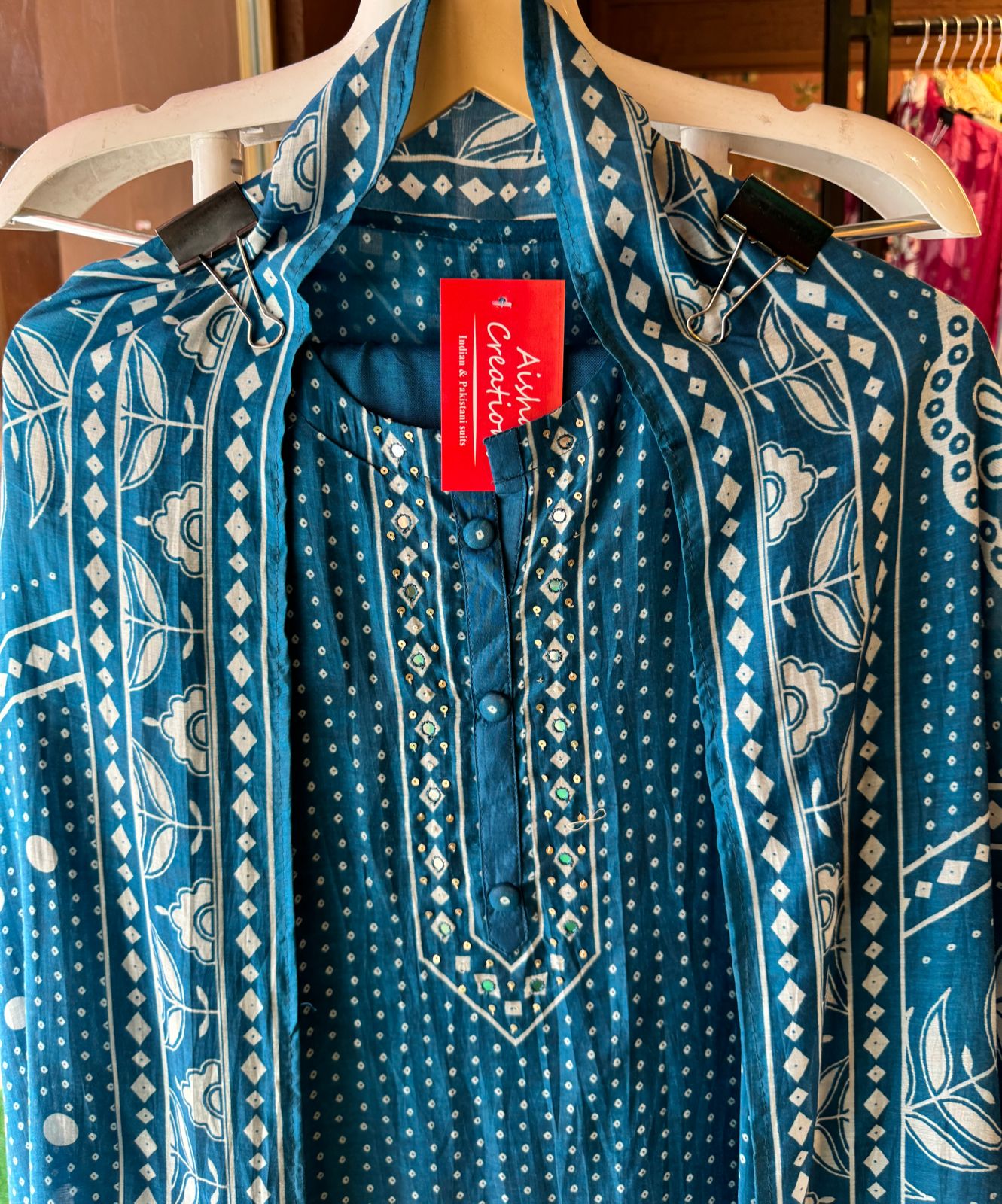 Pure Muslin digital printed suit with handwork highlighting on the neckline