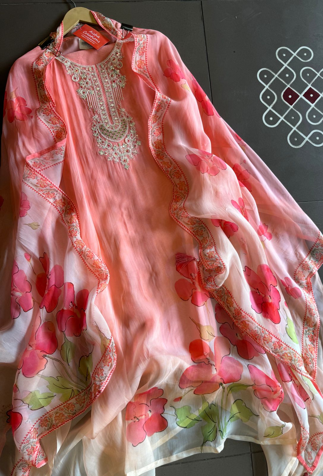 Soft organza floral Digital printed Unstitched shirt with dori embroidery on the neckline (Cream in colour)