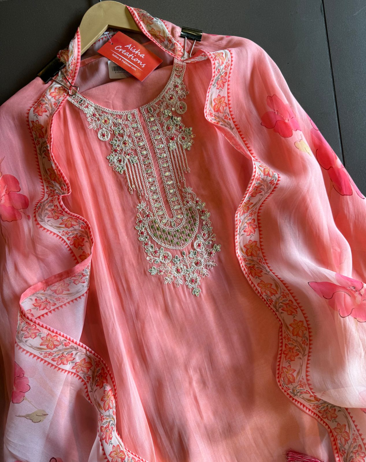 Soft organza floral Digital printed Unstitched shirt with dori embroidery on the neckline (Cream in colour)