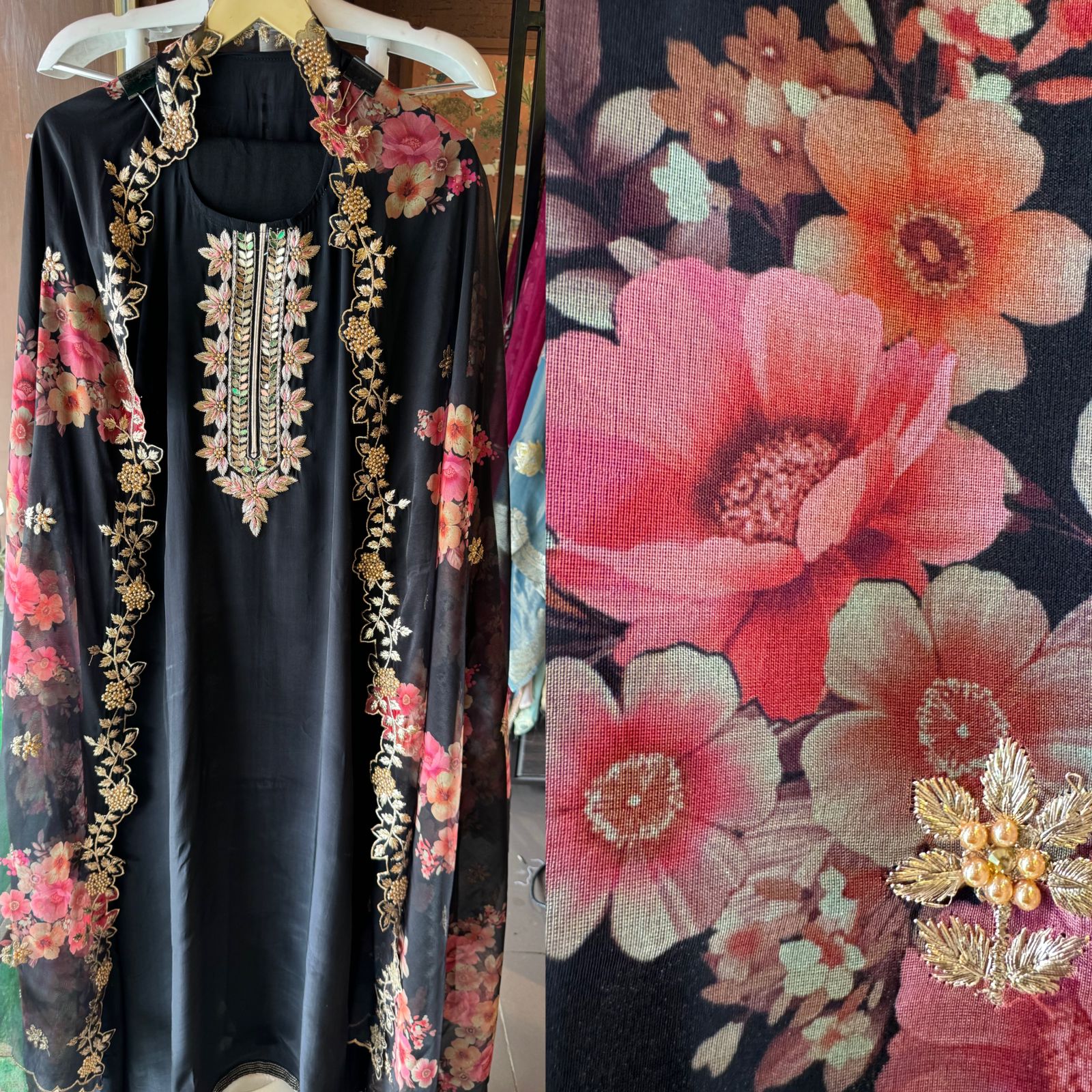 Pure crepe Shirt (Unstitched and full in size) with beautiful Neckwork