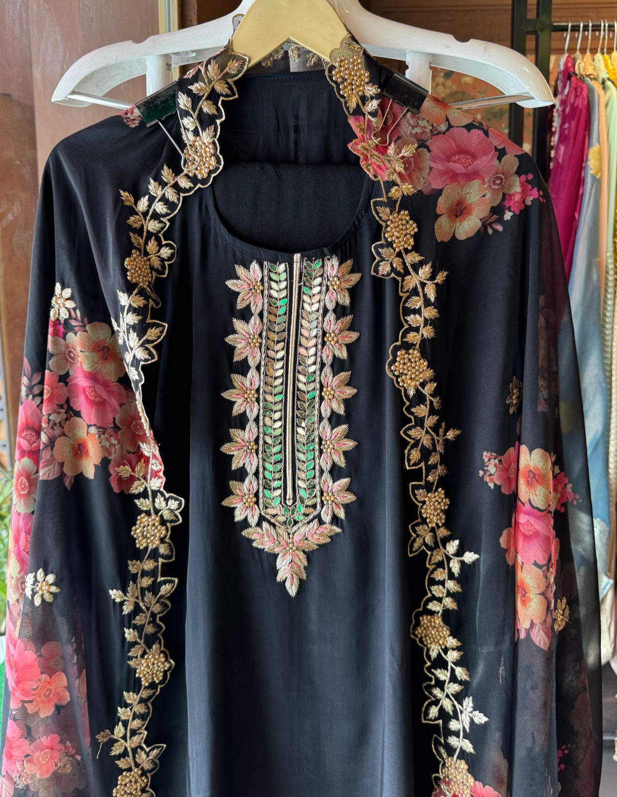 Pure crepe Shirt (Unstitched and full in size) with beautiful Neckwork