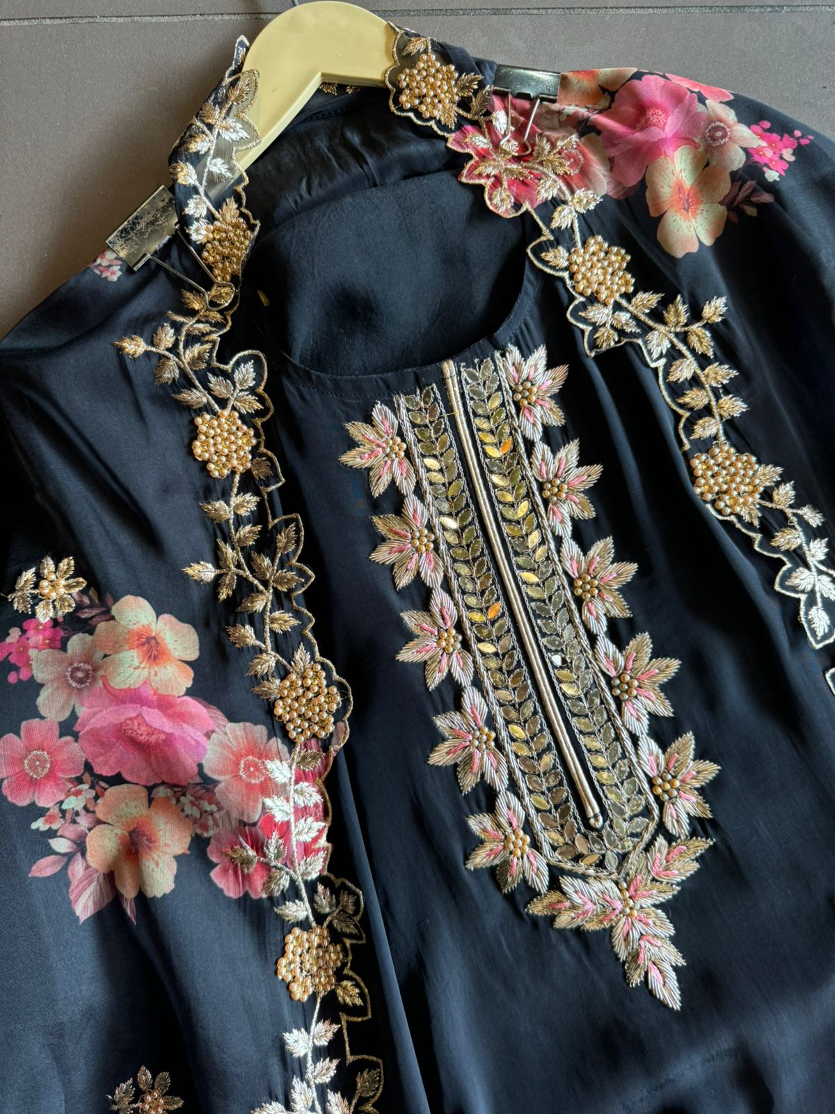 Pure crepe Shirt (Unstitched and full in size) with beautiful Neckwork