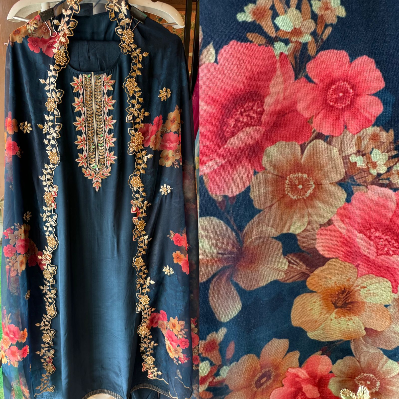 Pure crepe Shirt (Unstitched and full in size) with beautiful Neckwork