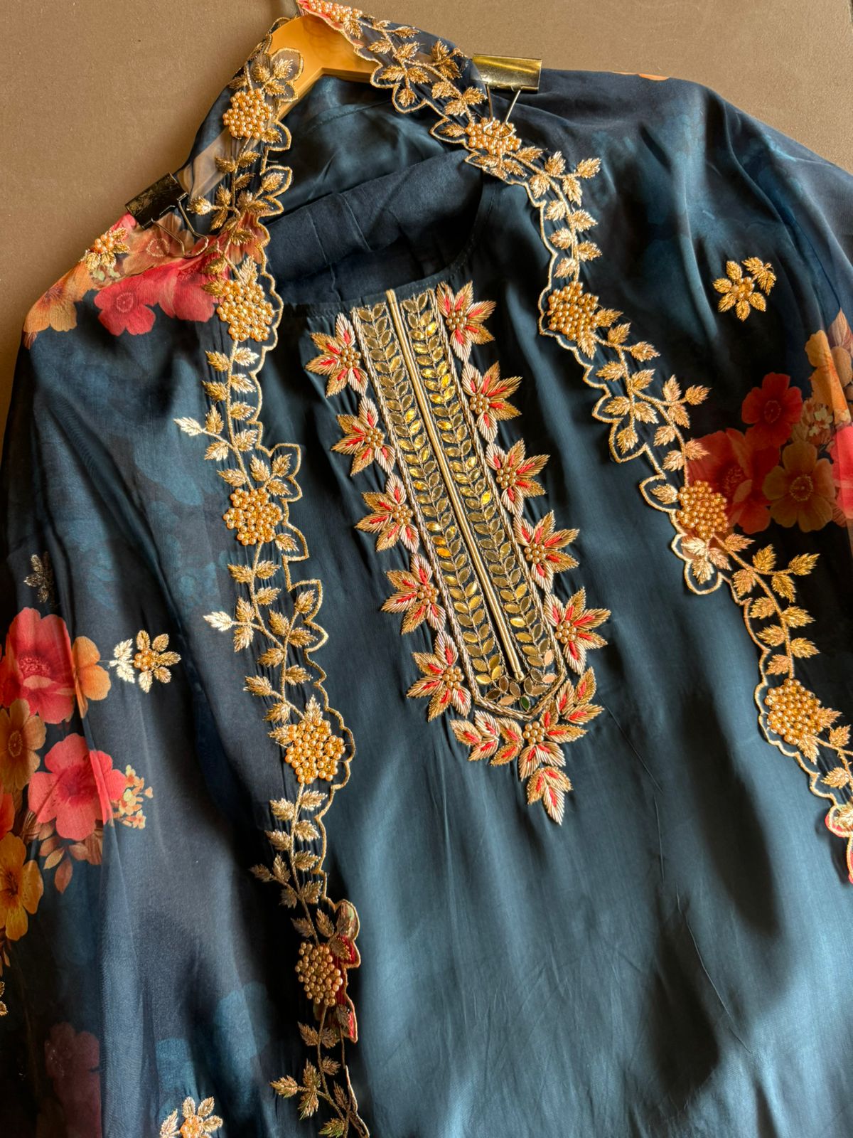 Pure crepe Shirt (Unstitched and full in size) with beautiful Neckwork