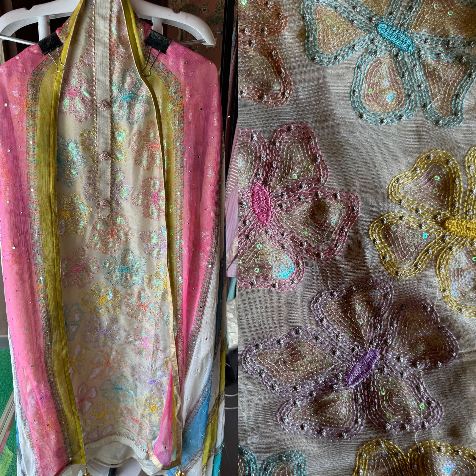 Soft shimmer tissue shirt with light gold beige base and beautiful sequence