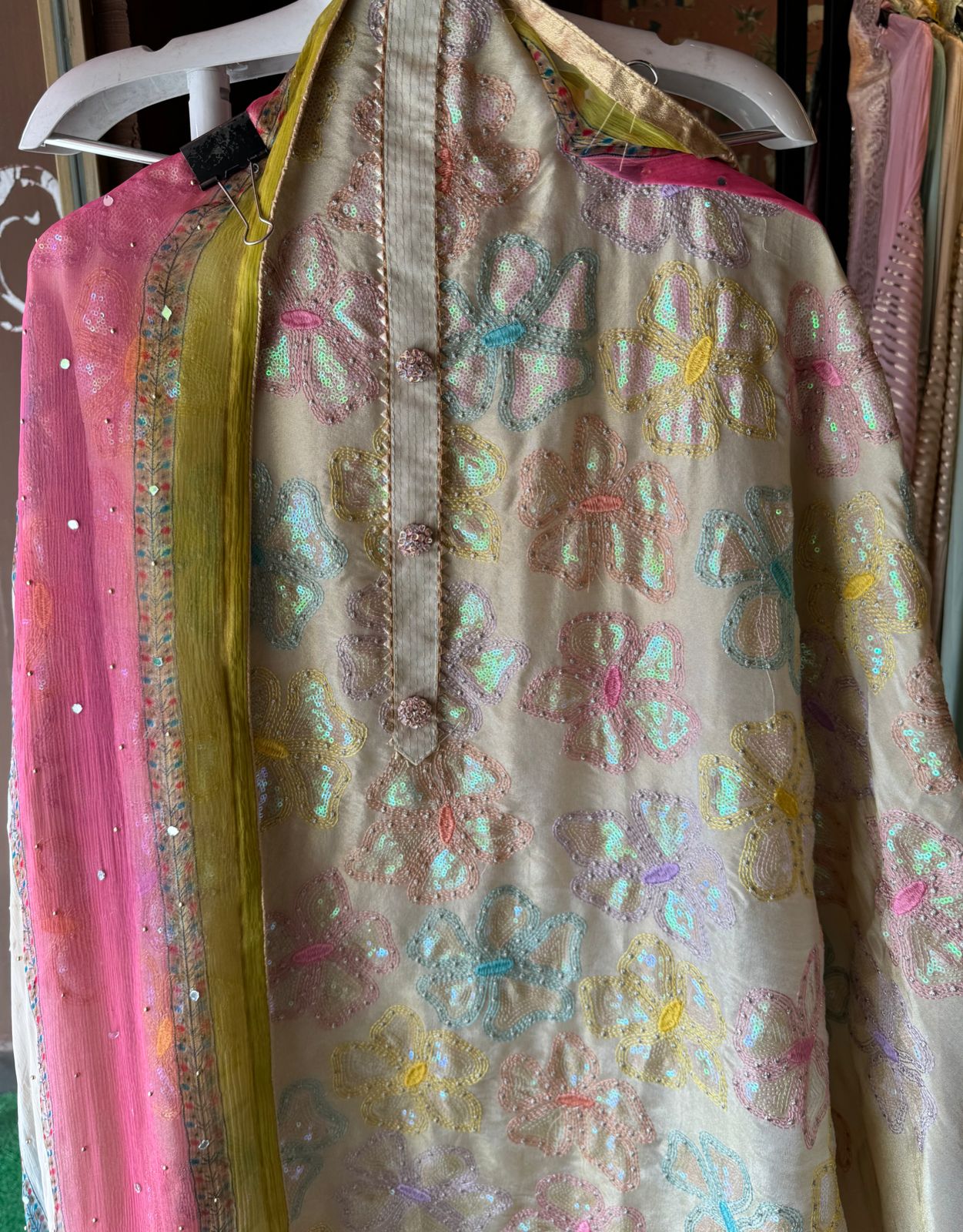 Soft shimmer tissue shirt with light gold beige base and beautiful sequence