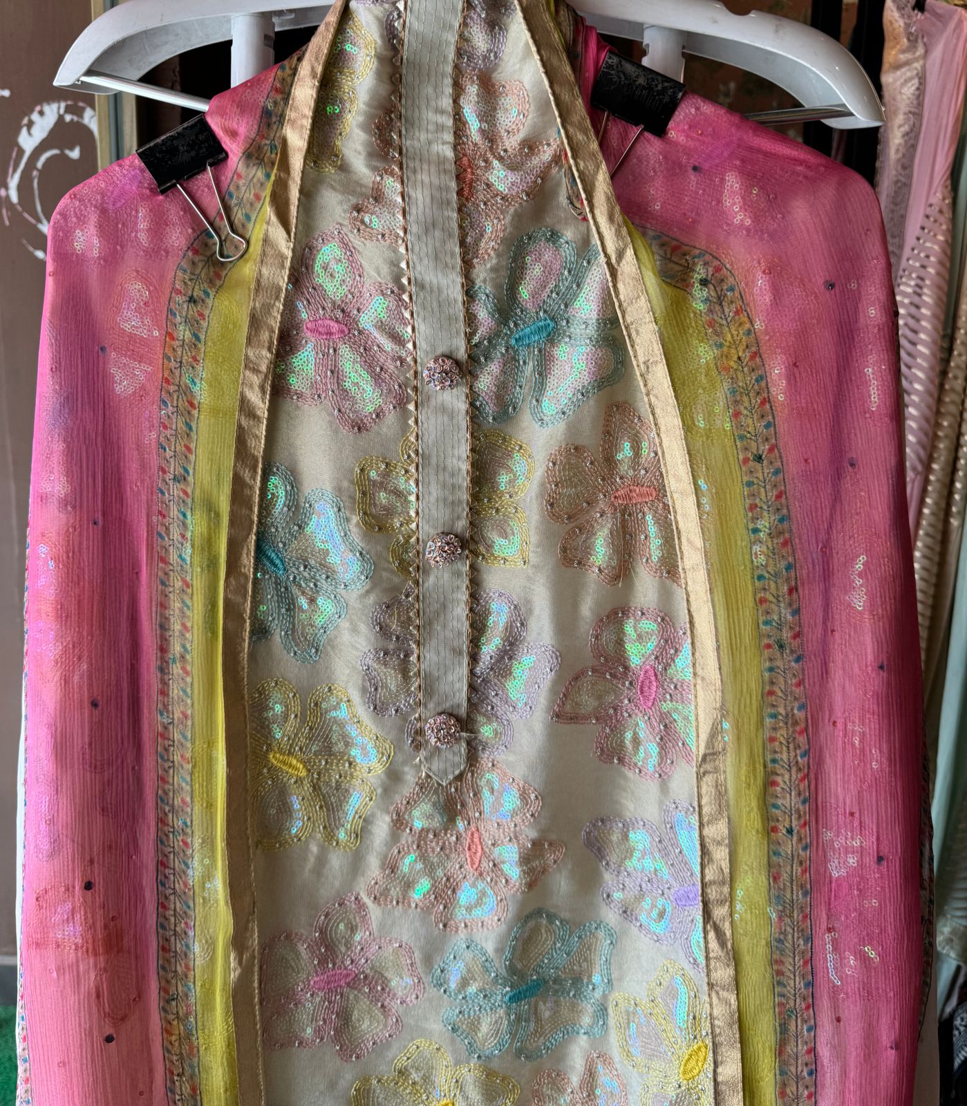 Soft shimmer tissue shirt with light gold beige base and beautiful sequence