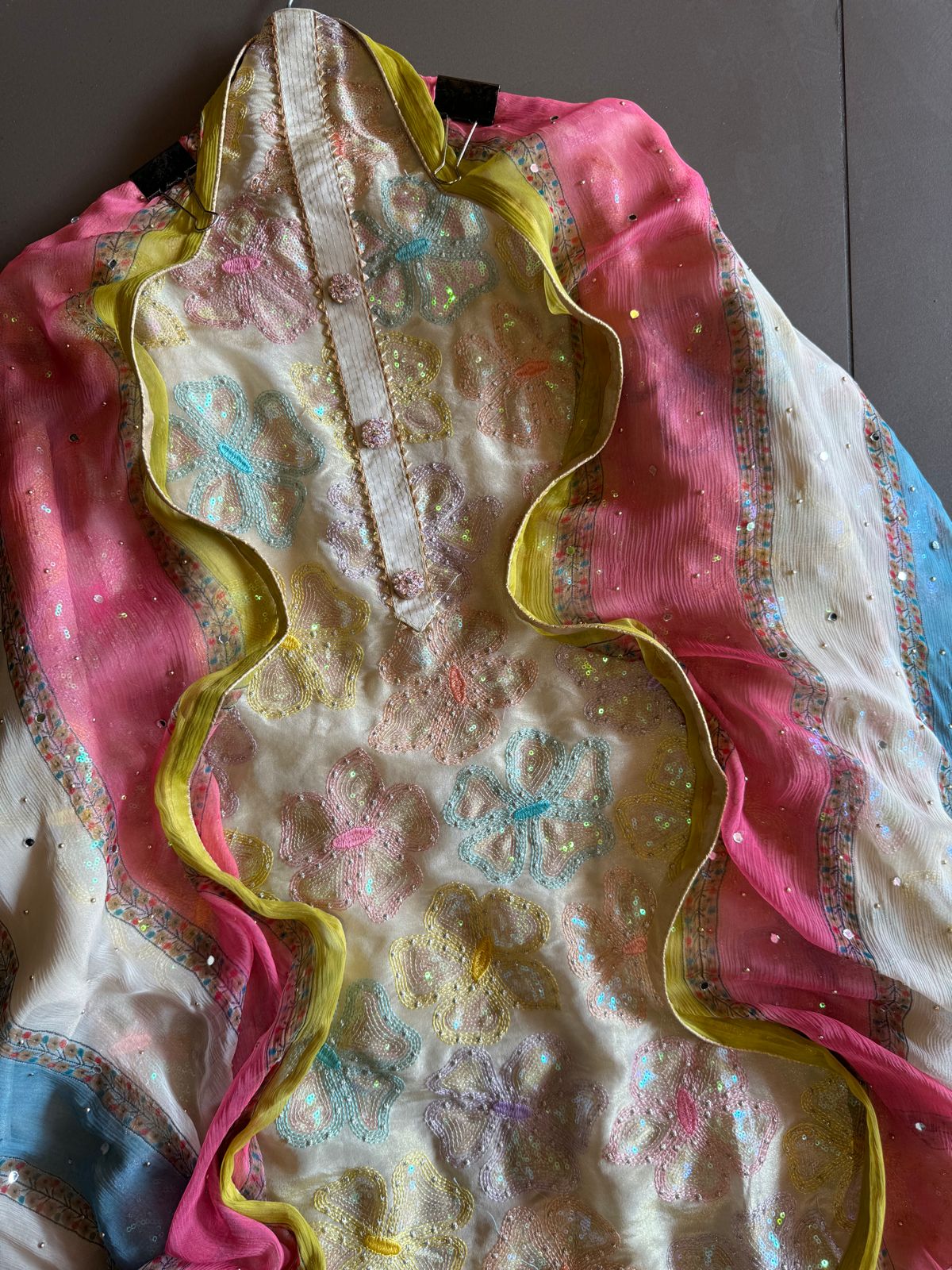 Soft shimmer tissue shirt with light gold beige base and beautiful sequence