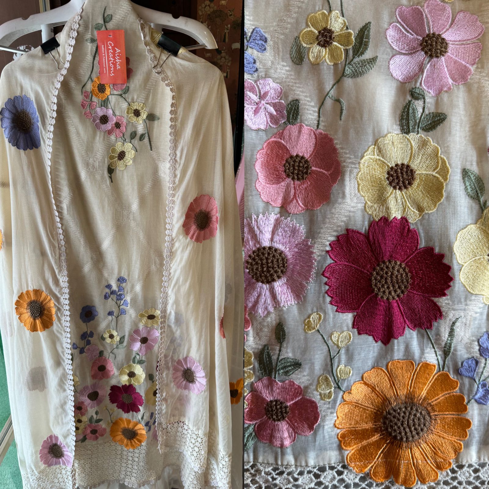 Pure jamdani cotton unstitched full size shirt with threadwork on the neckline