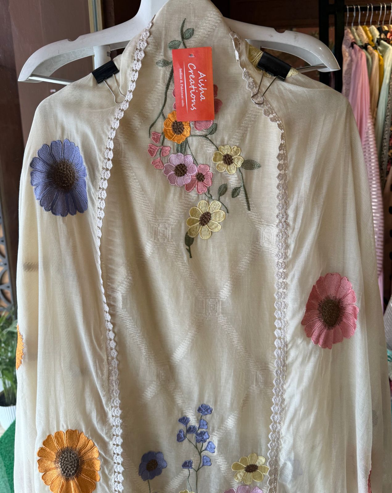 Pure jamdani cotton unstitched full size shirt with threadwork on the neckline