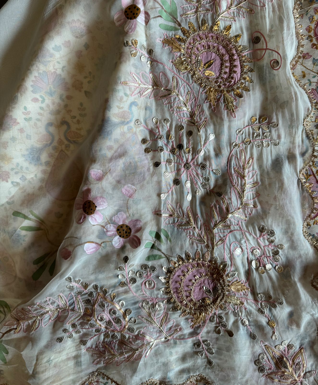 Pure chanderi Shirt with beautiful digital Print and zari embroidery on the full shirt front