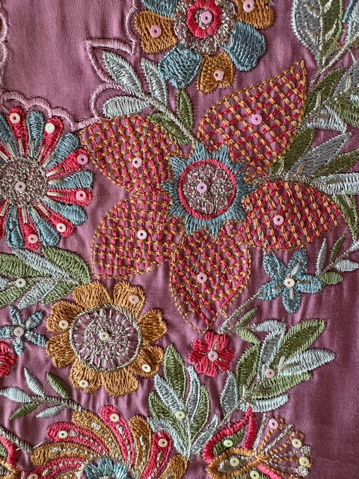 Pure jam cotton Unstitched full size shirt with thread embroidered neckline with sequence highlighting