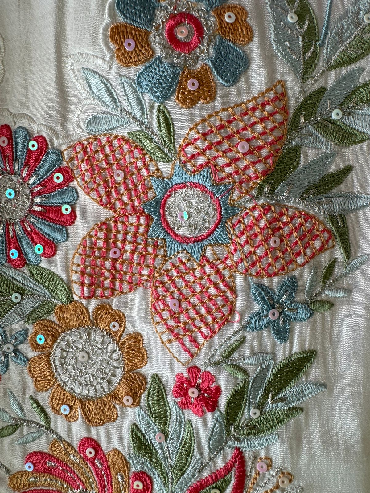 Pure jam cotton Unstitched full size shirt with thread embroidered neckline with sequence highlighting