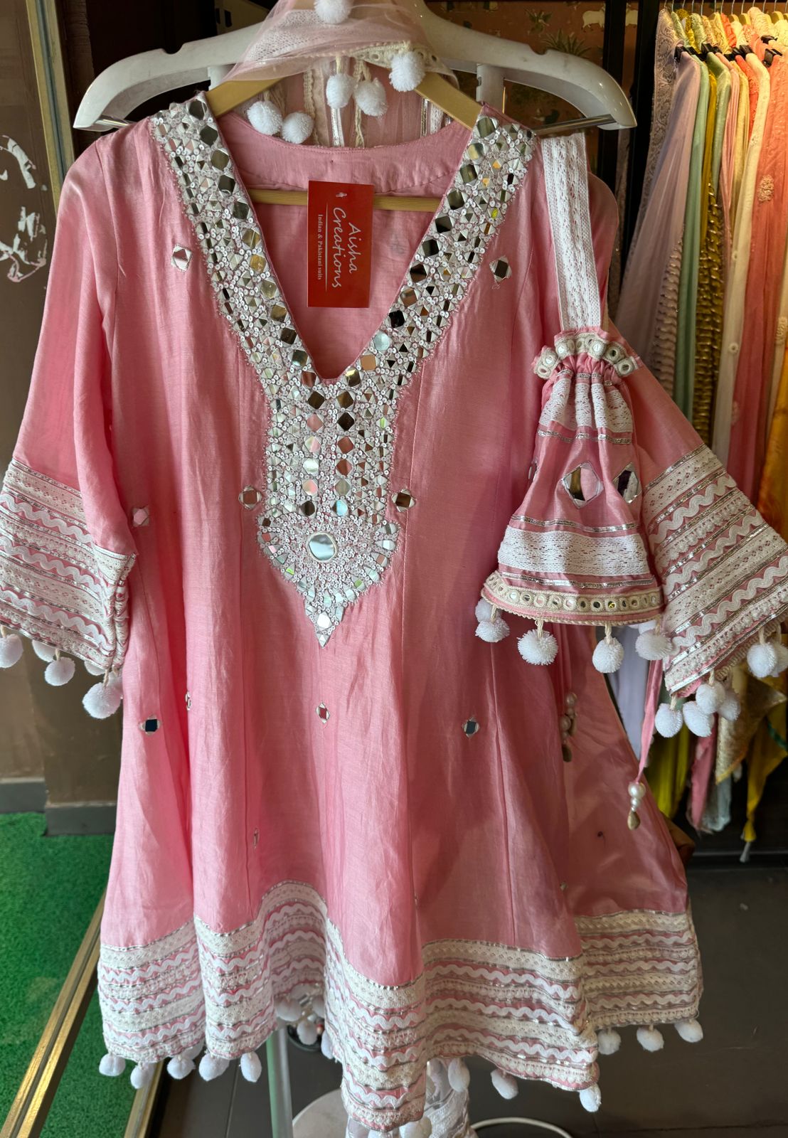 Soft cotton chanderi Anarkali suit with Beautiful sequence embellished neckline with original mirror highlighting