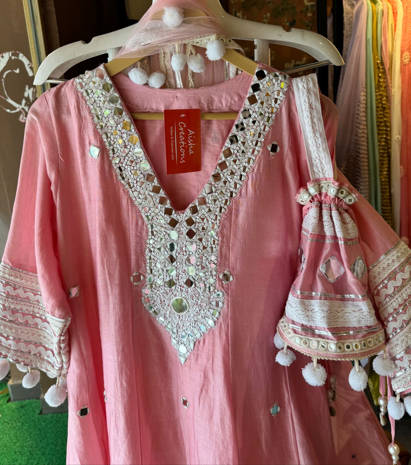 Soft cotton chanderi Anarkali suit with Beautiful sequence embellished neckline with original mirror highlighting