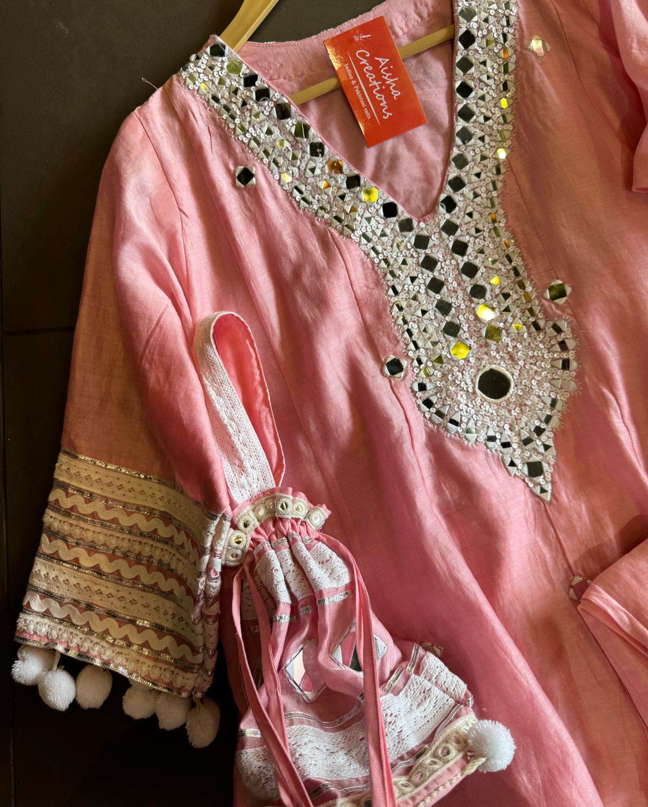 Soft cotton chanderi Anarkali suit with Beautiful sequence embellished neckline with original mirror highlighting