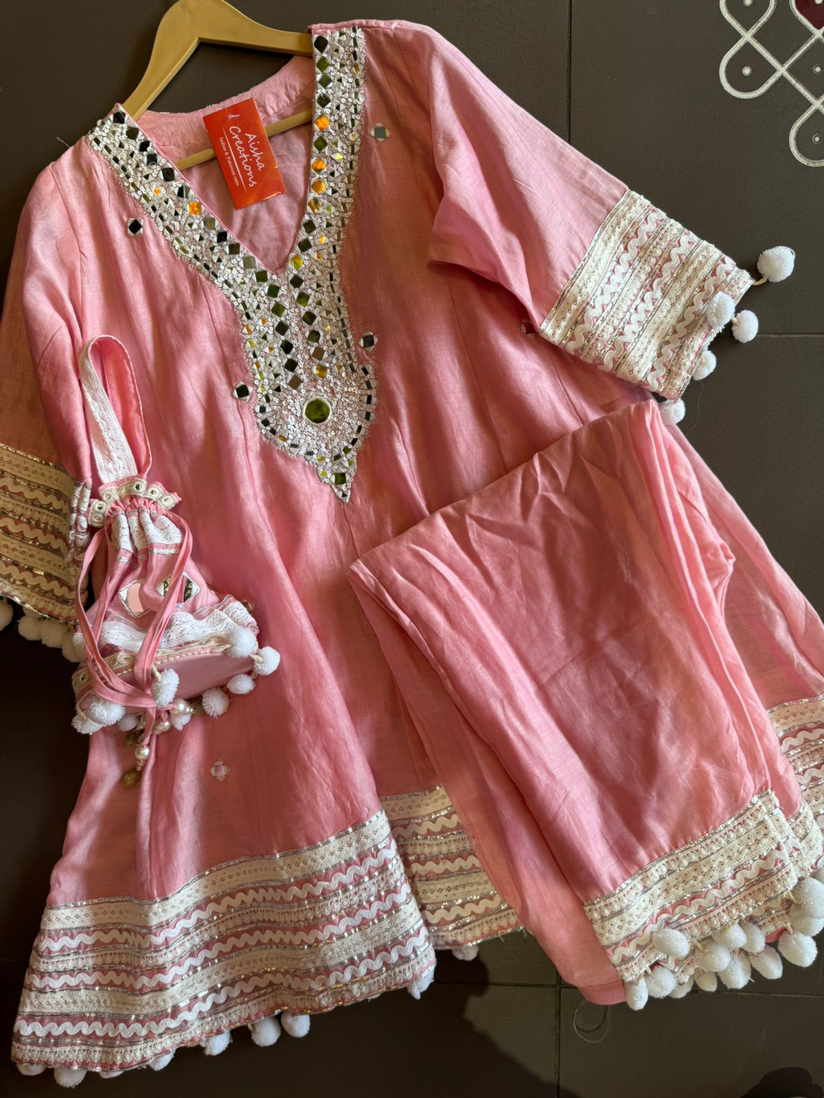 Soft cotton chanderi Anarkali suit with Beautiful sequence embellished neckline with original mirror highlighting