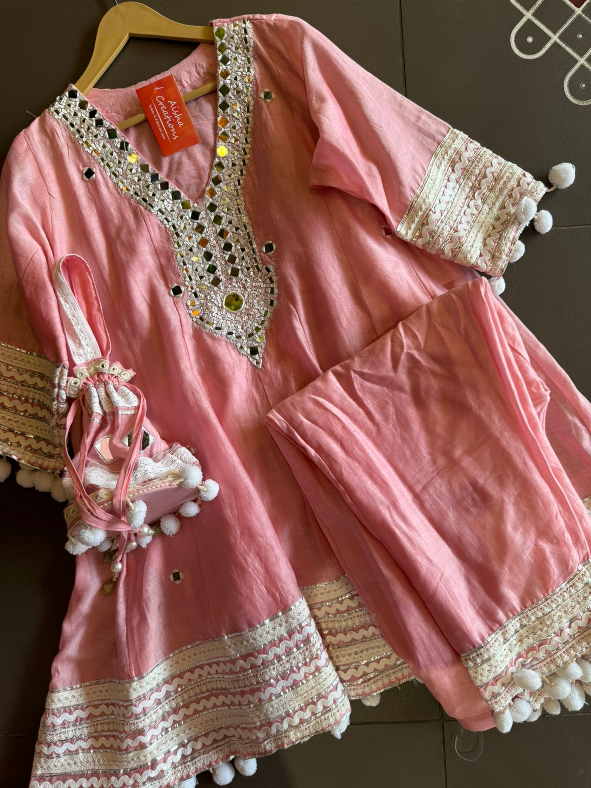 Soft cotton chanderi Anarkali suit with Beautiful sequence embellished neckline with original mirror highlighting