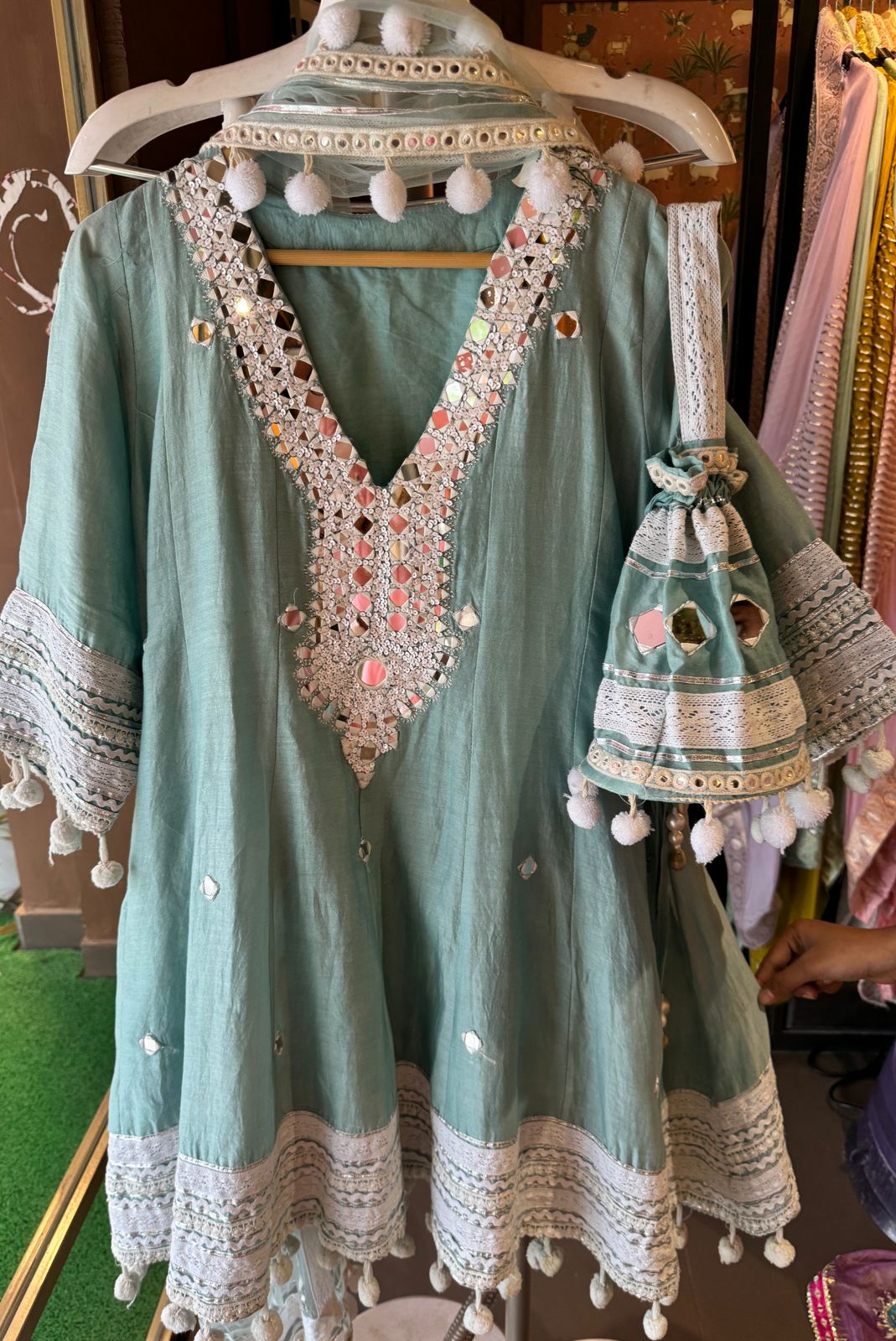 Soft cotton chanderi Anarkali suit with Beautiful sequence embellished neckline with original mirror highlighting
