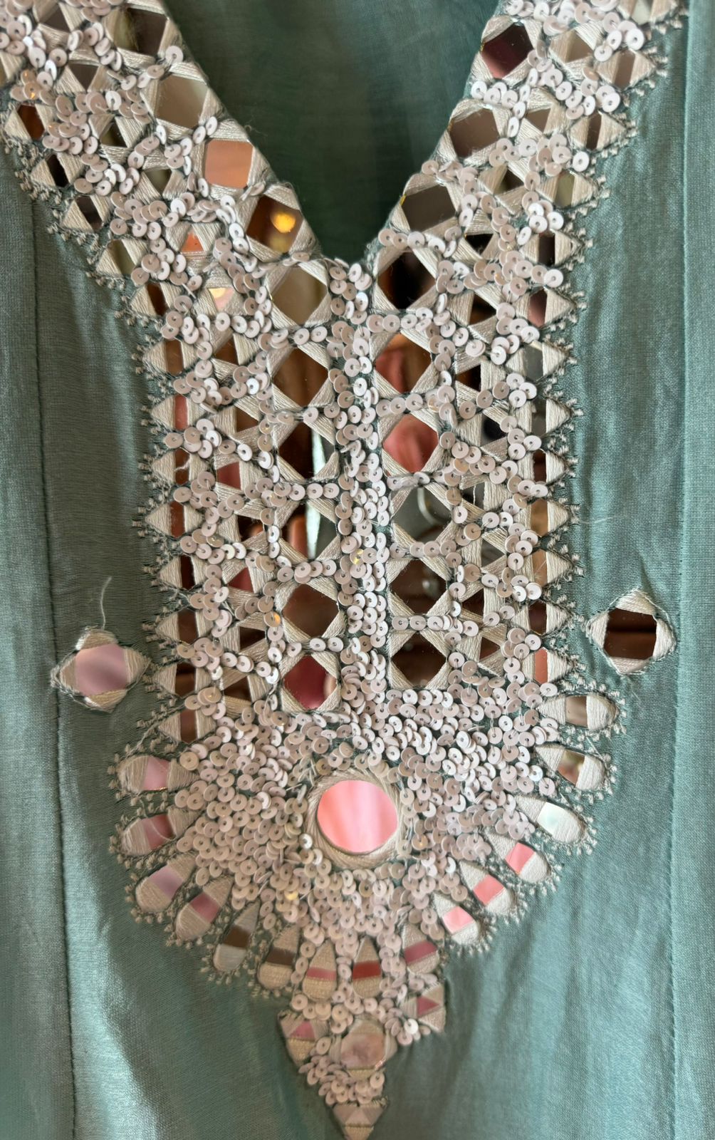 Soft cotton chanderi Anarkali suit with Beautiful sequence embellished neckline with original mirror highlighting