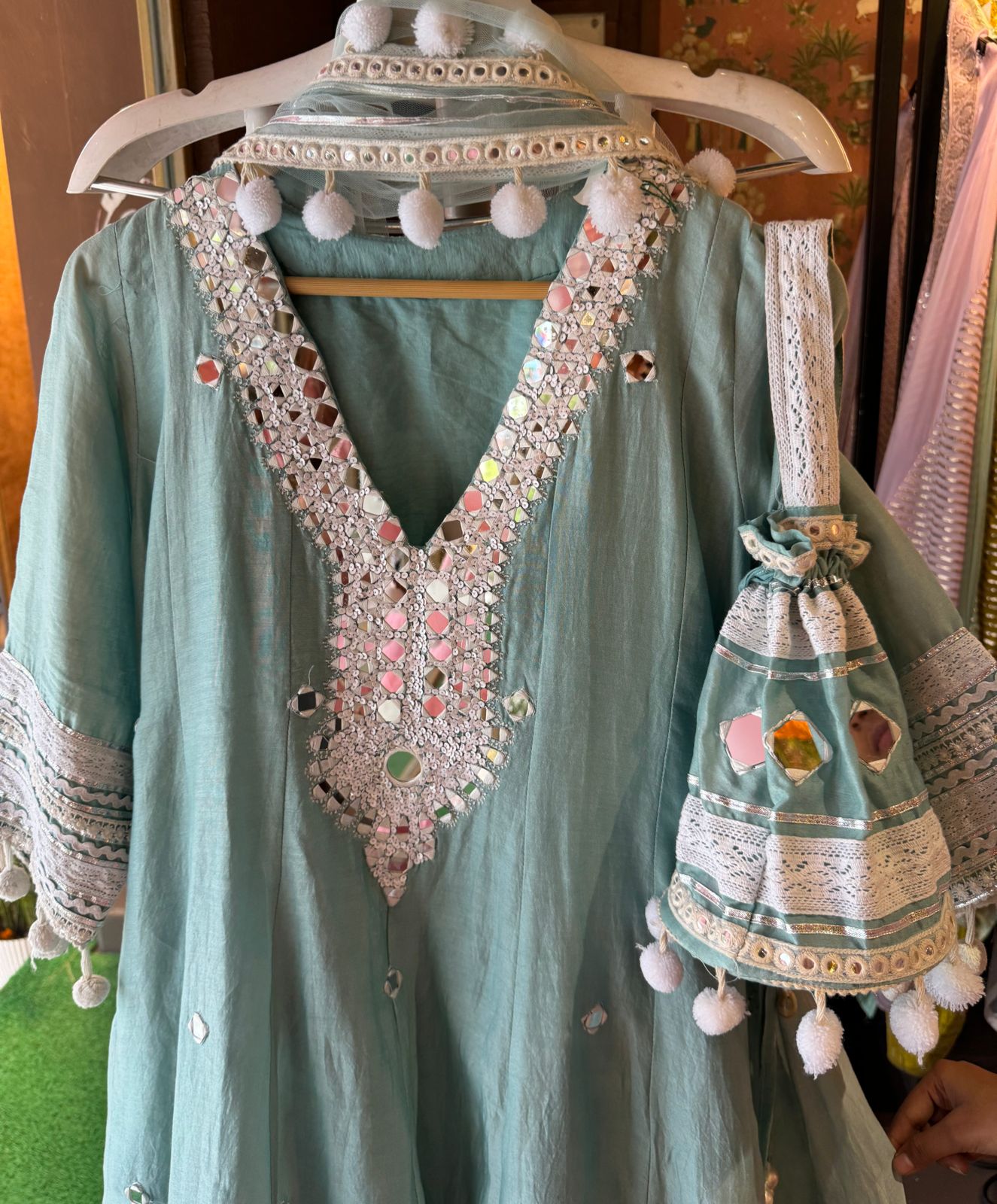 Soft cotton chanderi Anarkali suit with Beautiful sequence embellished neckline with original mirror highlighting