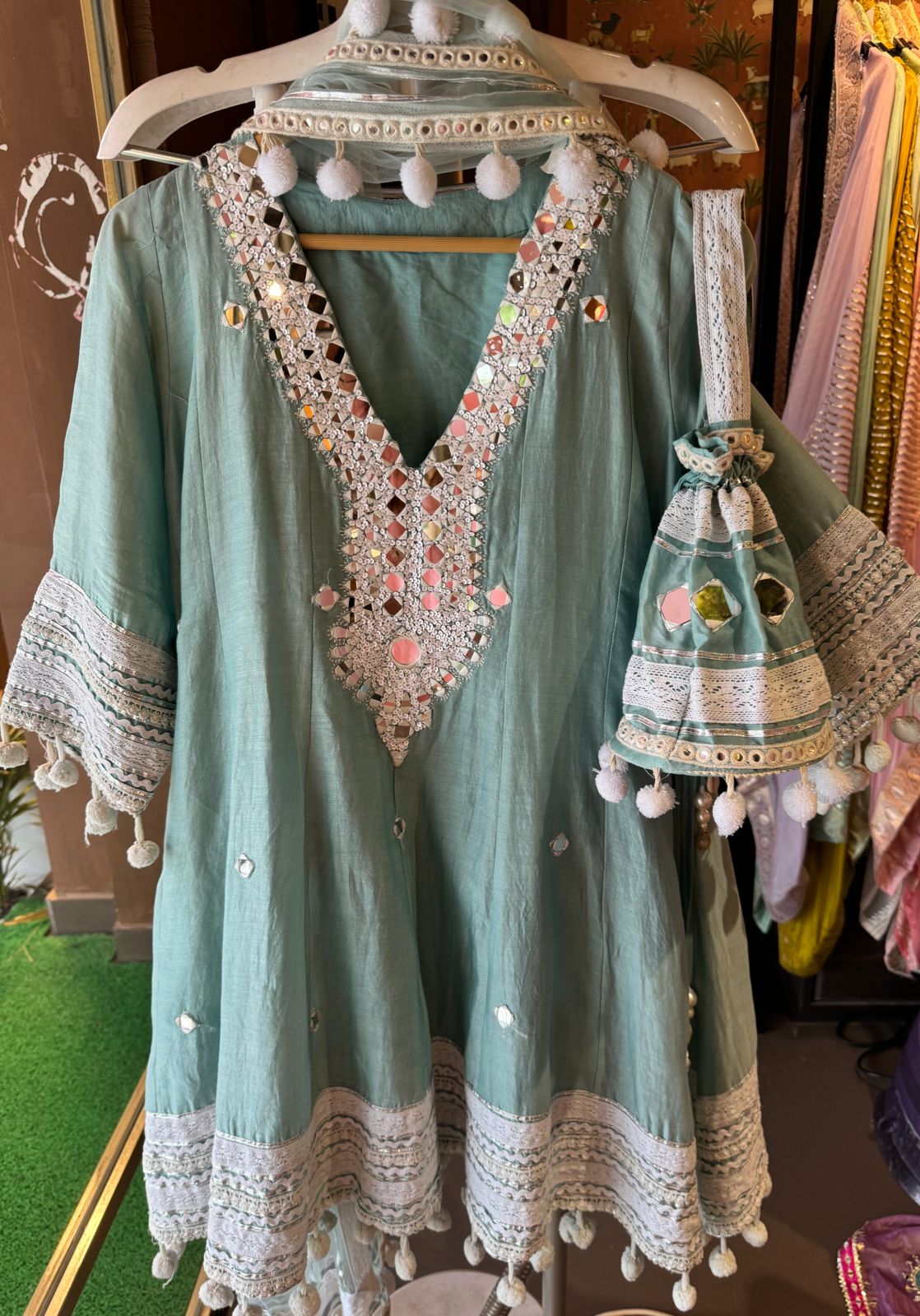 Soft cotton chanderi Anarkali suit with Beautiful sequence embellished neckline with original mirror highlighting